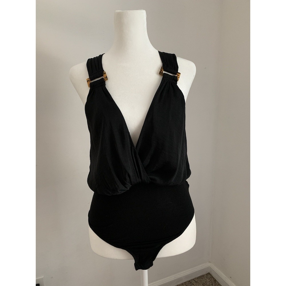 Free People Body Suit Sz XS Black Faux Wrap Tortoise Detail Low Back Resort - Picture 2 of 10